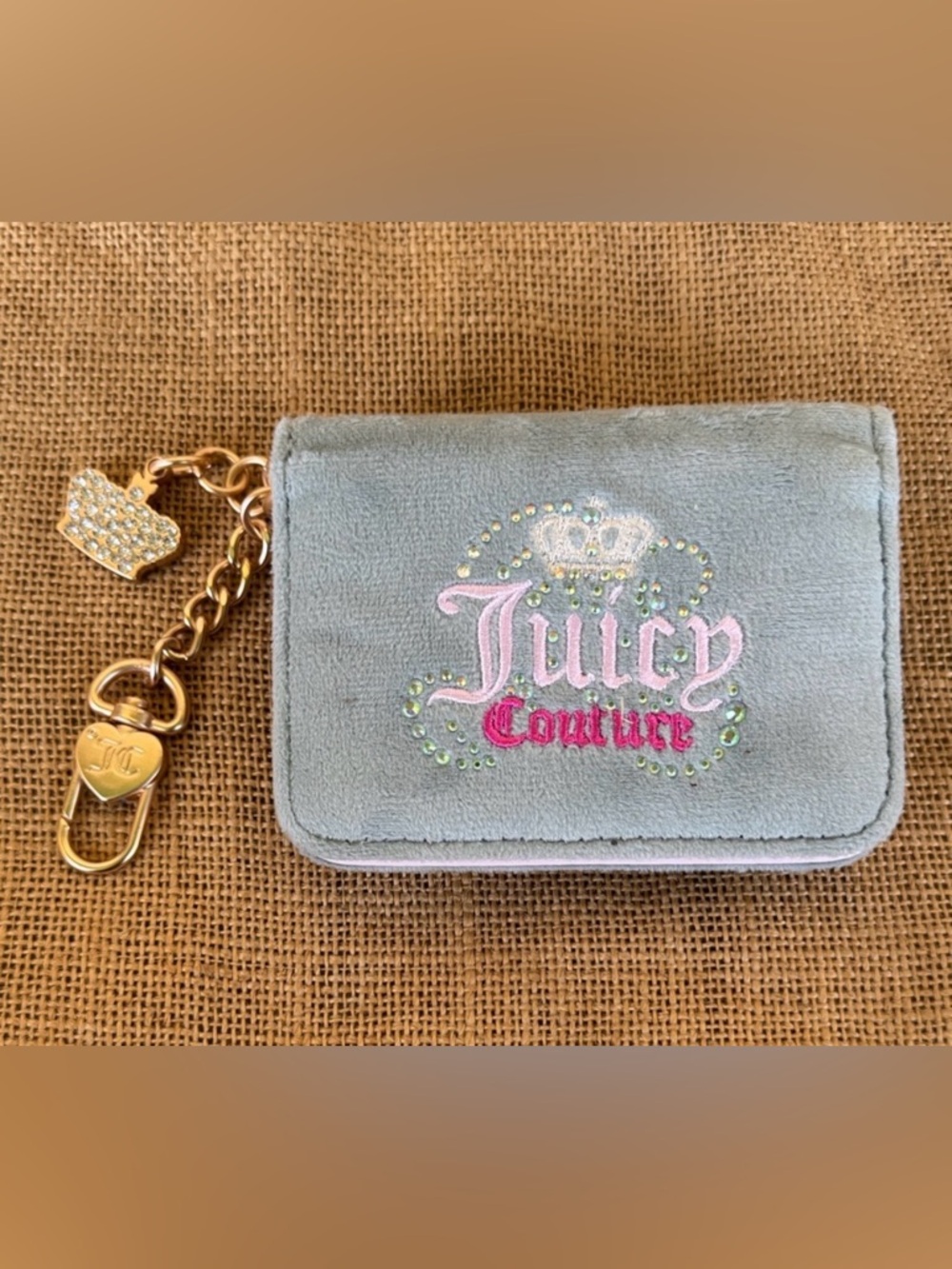 Juicy Couture Gray Suede Card Key Holder with Pink Logo and Gold Charm In style
